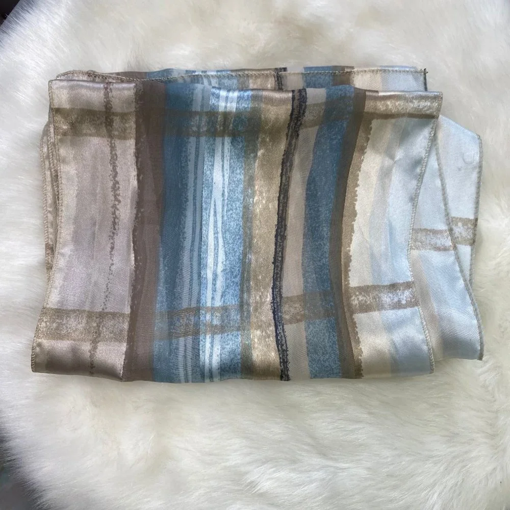 Blue, Tan, Black Abstract Scarf 100% Polyester 10
